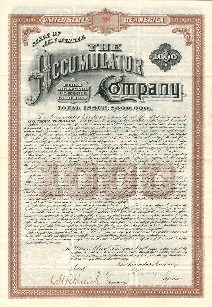 Accumulator Co. Bond signed by Theodore Newton Vail - (Uncanceled) 